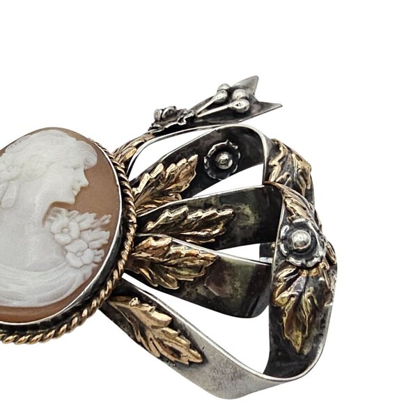 Vintage Hobe? Carved Shell Cameo Ribbon Brooch Sterling Silver 14K GF Tested - Picture 4 of 16